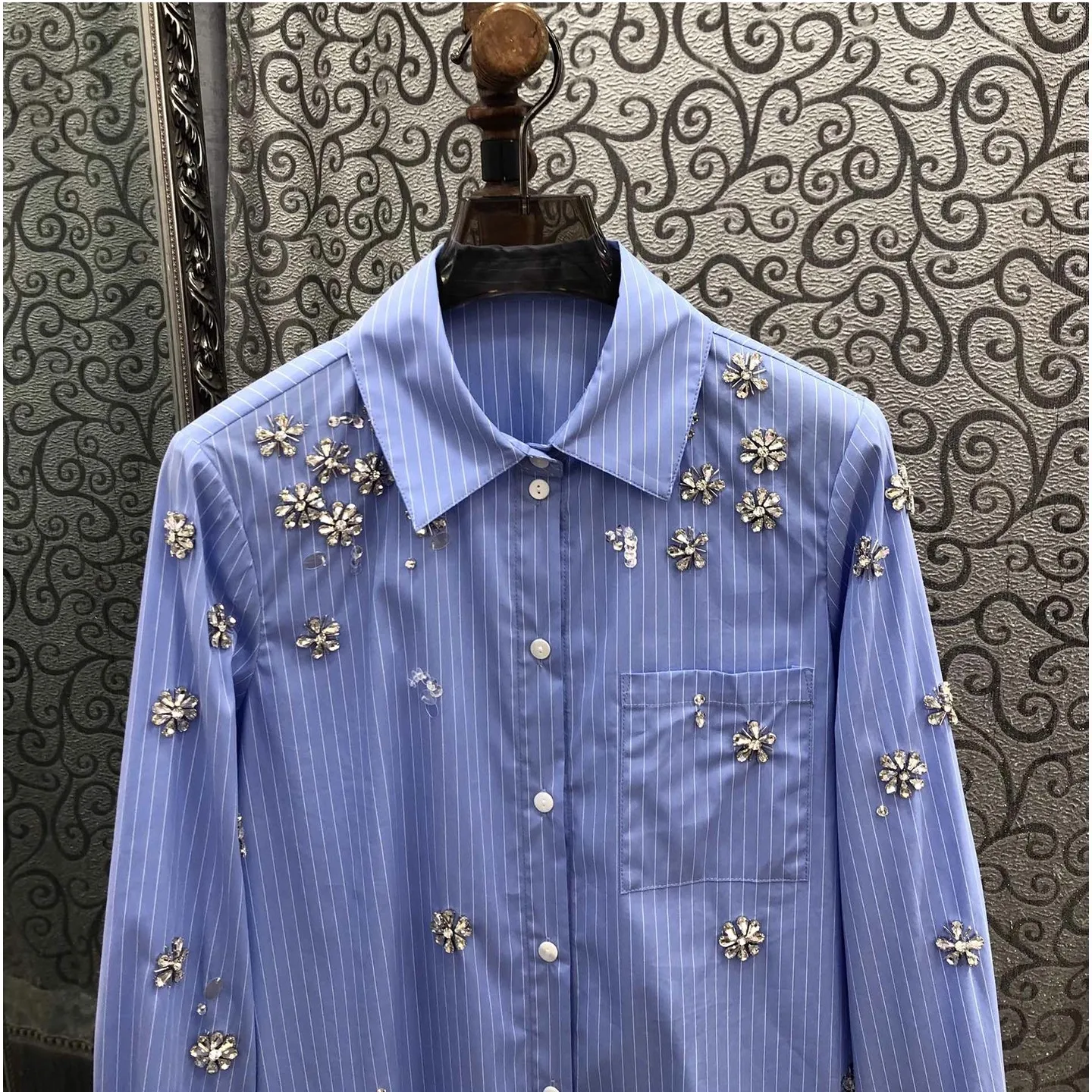 Camisas de algodão de alta qualidade 2025 estilo outono feminino turn-down colarinho listrado impressão cristal miçangas deco manga longa camisas azuis