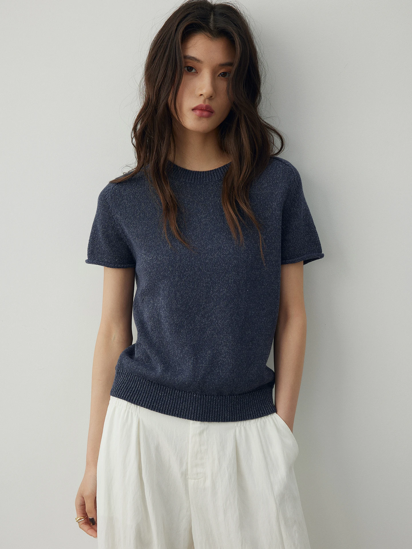 

Женский повседневный топ KEARA: минималистичный, универсальный, с круглым вырезом, коротким рукавом, вязаный, свободного кроя, из мягкого льна и хлопка, весенний