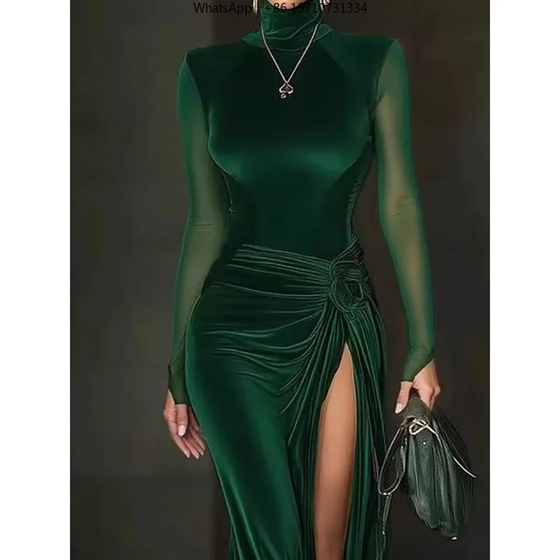 Solid color pleated high neck long sleeved spring and autumn style dress elegant French leg exposed slim fit dress