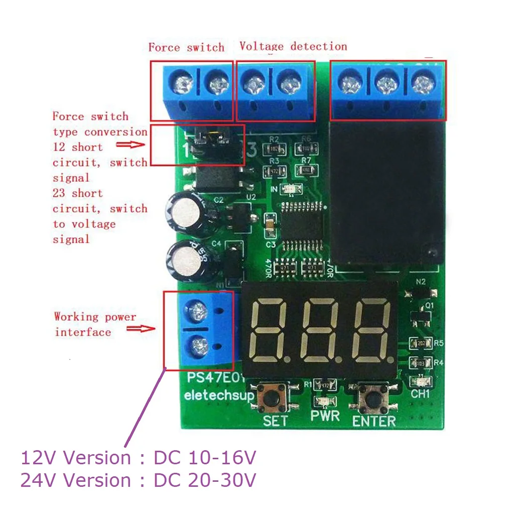 DC12V 24V PS47E01 LED Digital Relay Switch Control Board Relay Module Voltage Detection Charging Discharge Monitor Test