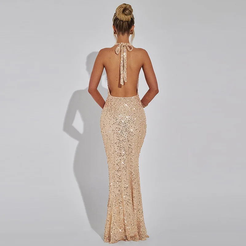 Halter Sequins Backless ผู้หญิงชุดราตรีแขนกุดเอวสูงชุดราตรียาว Sheath Slim กระโปรงออกแบบใหม่ในสต็อก