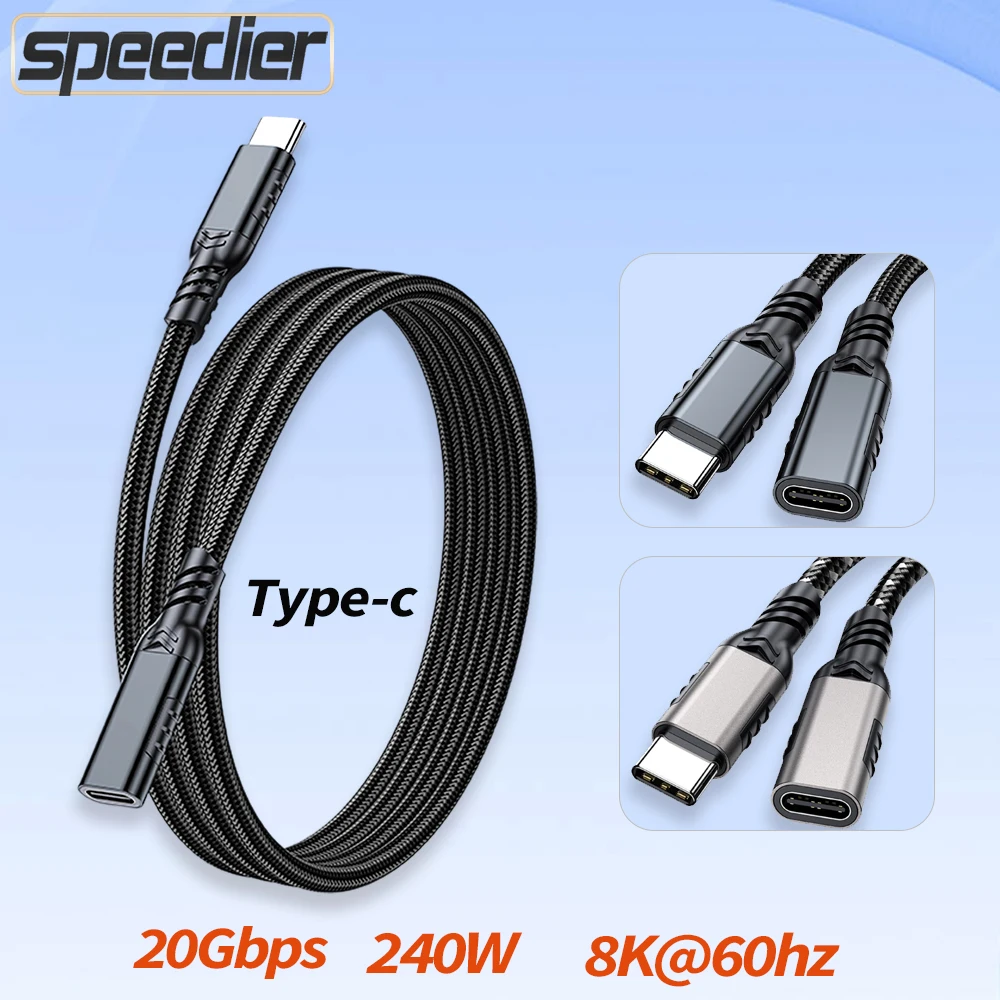 

Type C USB C 3.2 Extension Cable 240W PD 5A 8K@60Hz 10Gbps Male to Female For Xiaomi Huawei Switch 0.5M 1M 2M 3M