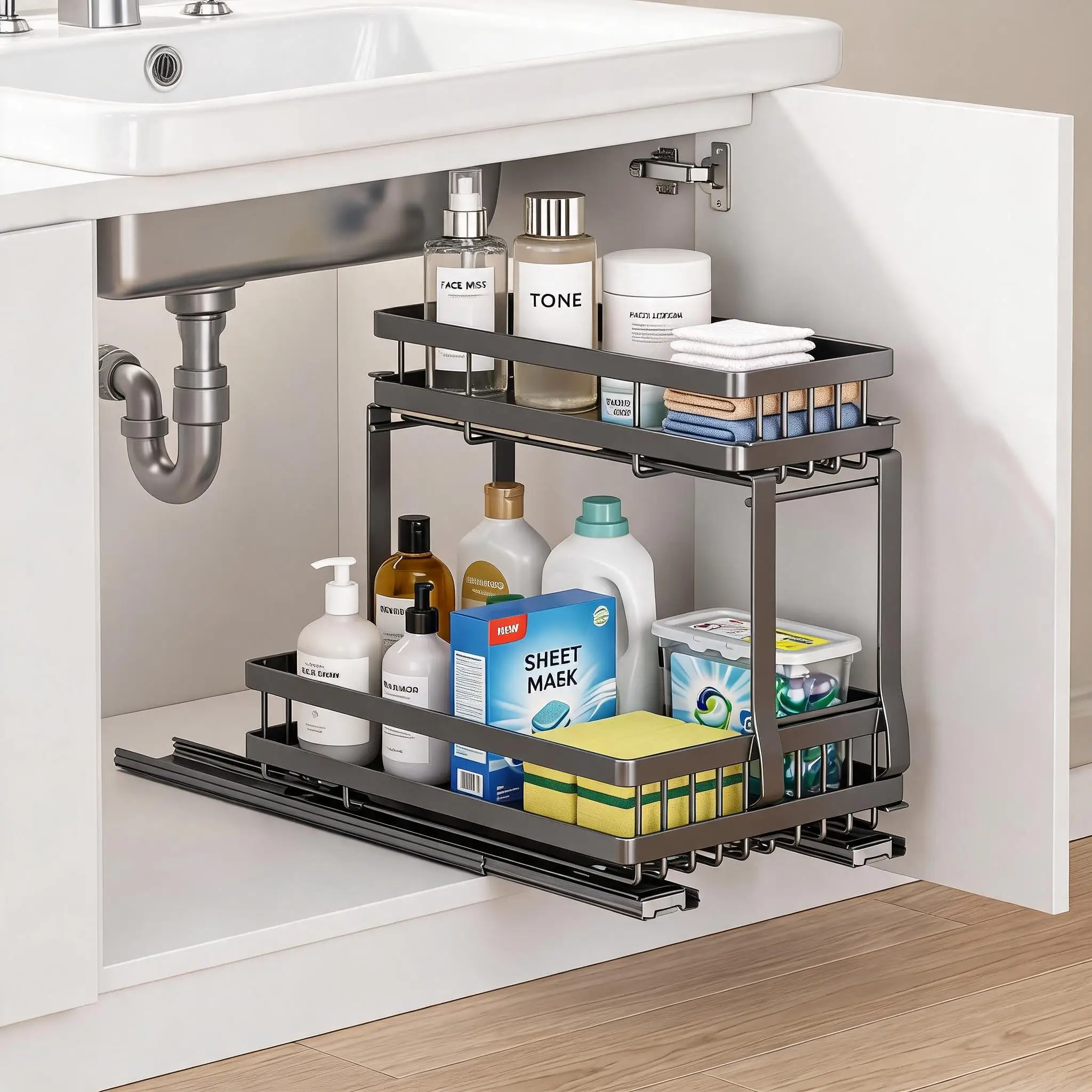 Organizzatore da posizionare sotto il lavello, con ripiano a due livelli e guide a chiusura ammortizzata, sistema di ripiani estraibili per armadietti, ideale per dispensa, guardaroba, bagno,
