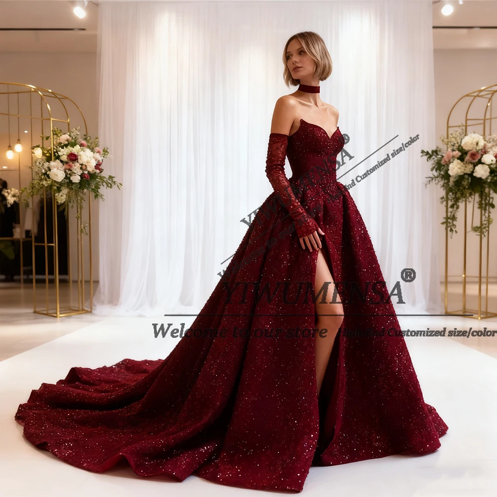 فساتين سهرة بدون حمالات ترتر سباركلي للعروس بدون أكمام بفتحة جانبية على شكل حرف A فساتين حفلات مخصصة للنساء ملابس رسمية للحفلات