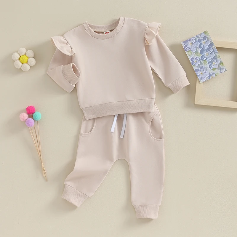 Infnat Set pakaian bayi perempuan, baju Sweatshirt lengan panjang warna Solid 2 potong Musim Semi