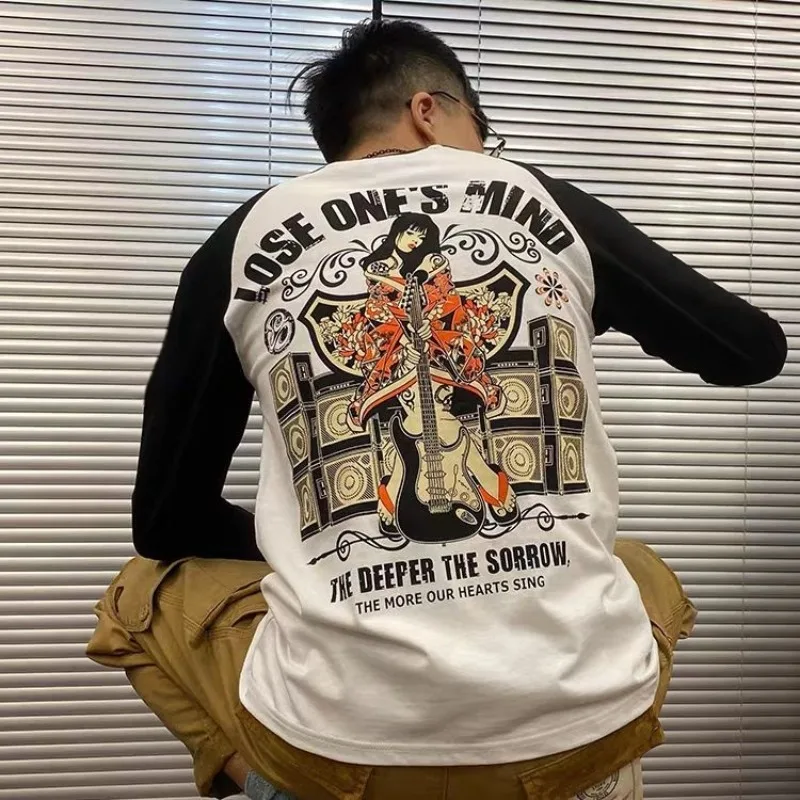 

Rock and Street-style Wind! Samurai / Diva Guitar Print Long Sleeve Rebellious Aesthetic! Slogans of Sadness and Shouting
