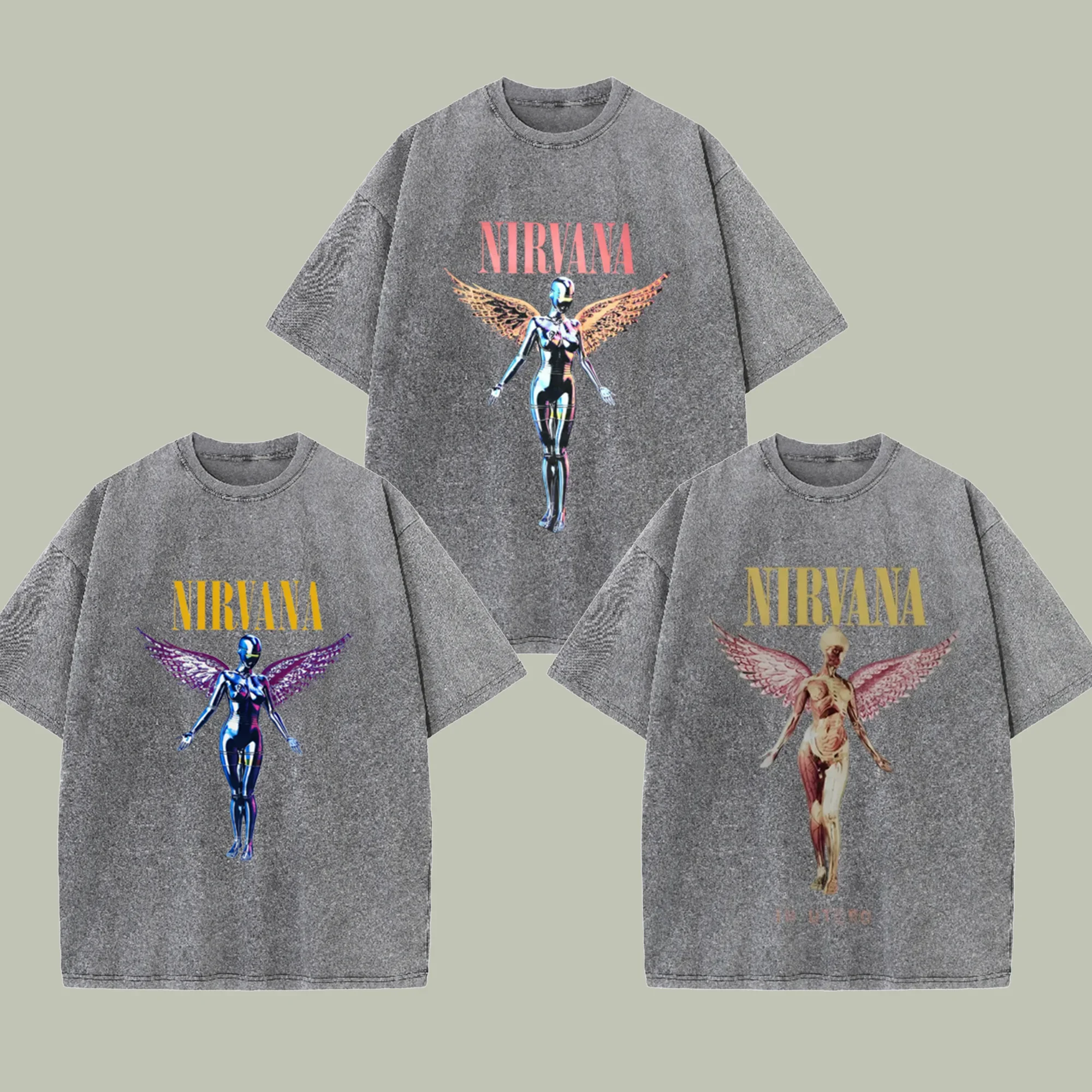 Nirvana In Utero Angel Vintage Distressed Black Tee 90s Grunge Rock Loose Short Sleeve Unisex Streetwear Top