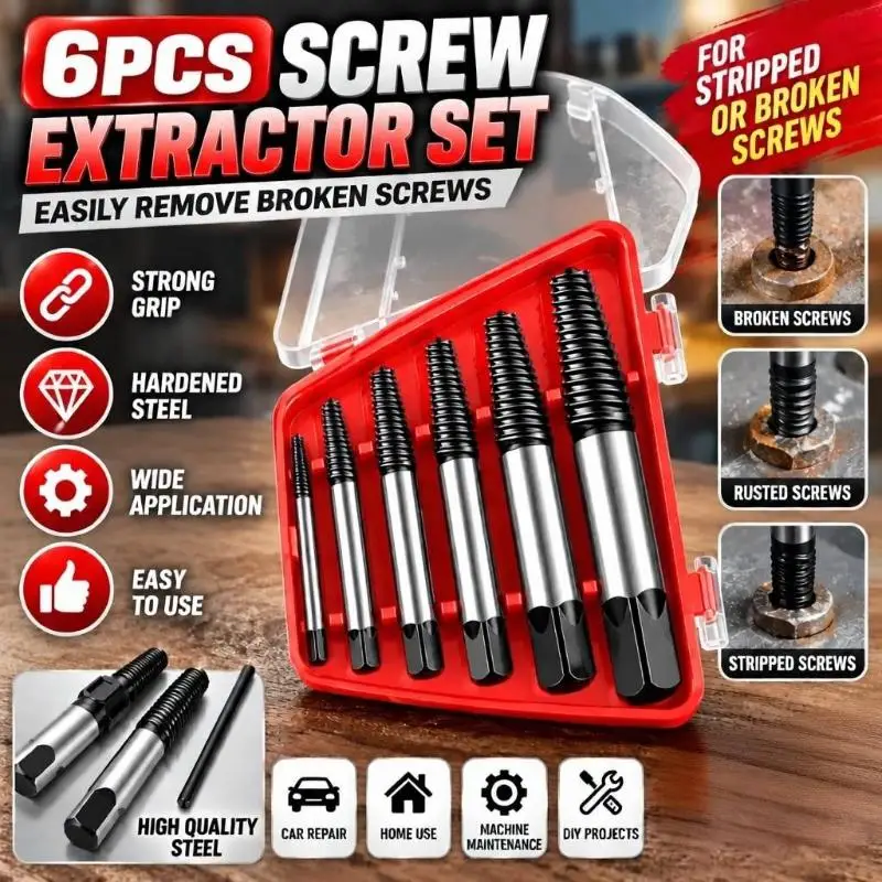 6Pcs Damaged Broken Screw Extractor Kit Chrome Vanadium Steel Portable Tool for Carpentry Home Maintenance Use