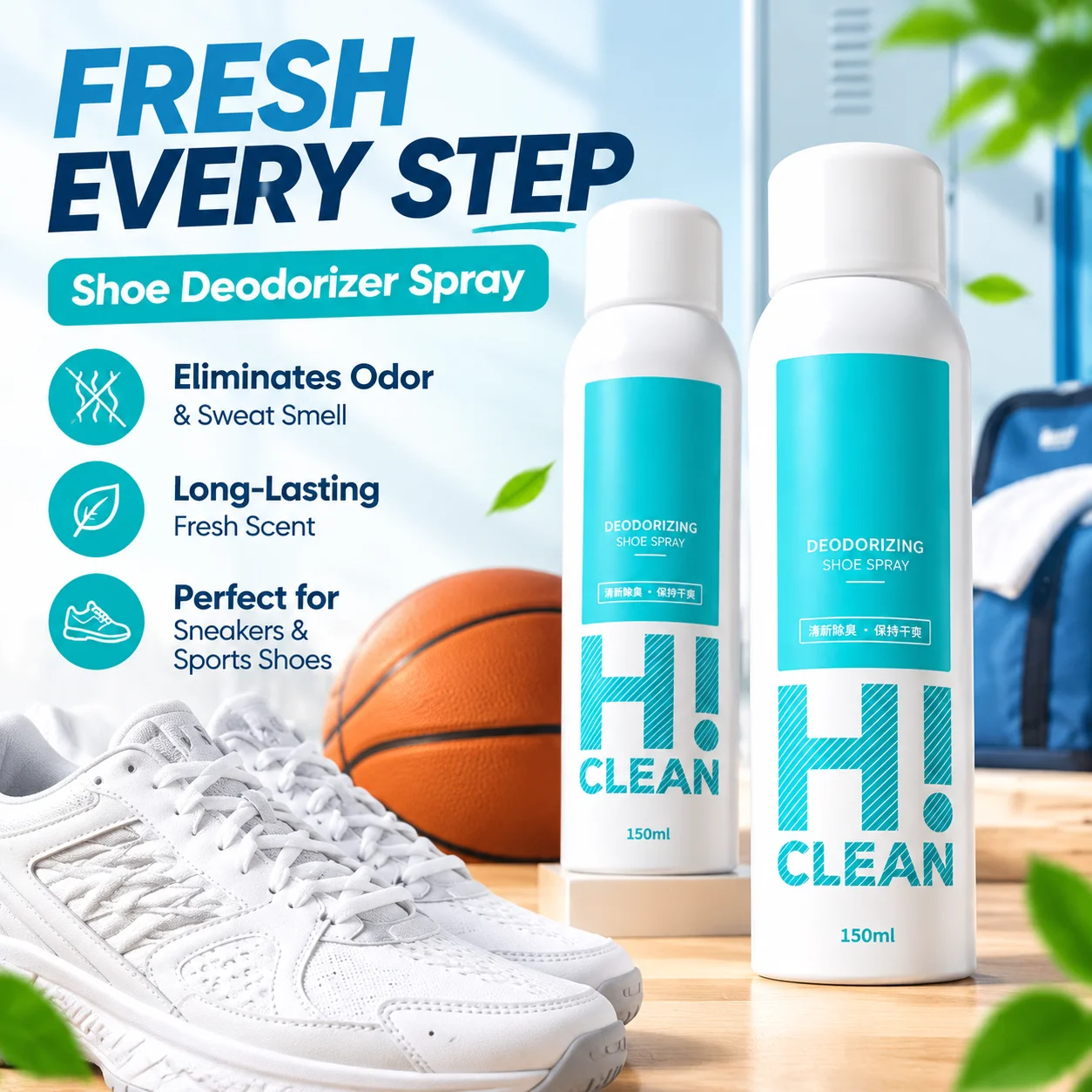 Shoe Deodorizer Spray for Basketball Sneakers, Eliminates Odor and Sweat Smell, Long-Lasting Fresh Scent