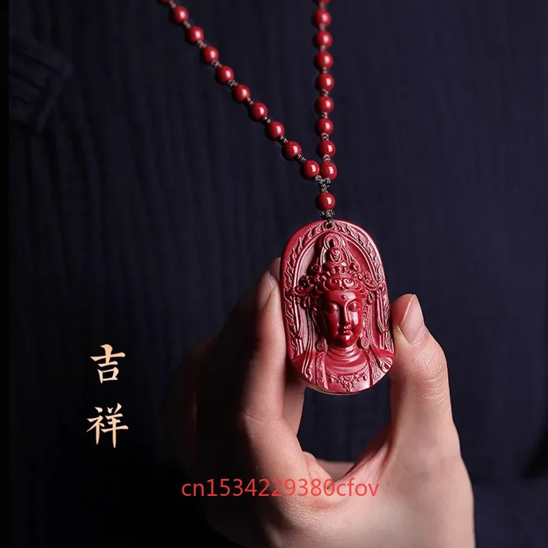 Luxury Red Cinnabar Guanyin Pendant Double-sided Carving Natural Genuine Women's Jewelry Accessories Energy Gift Best Seller