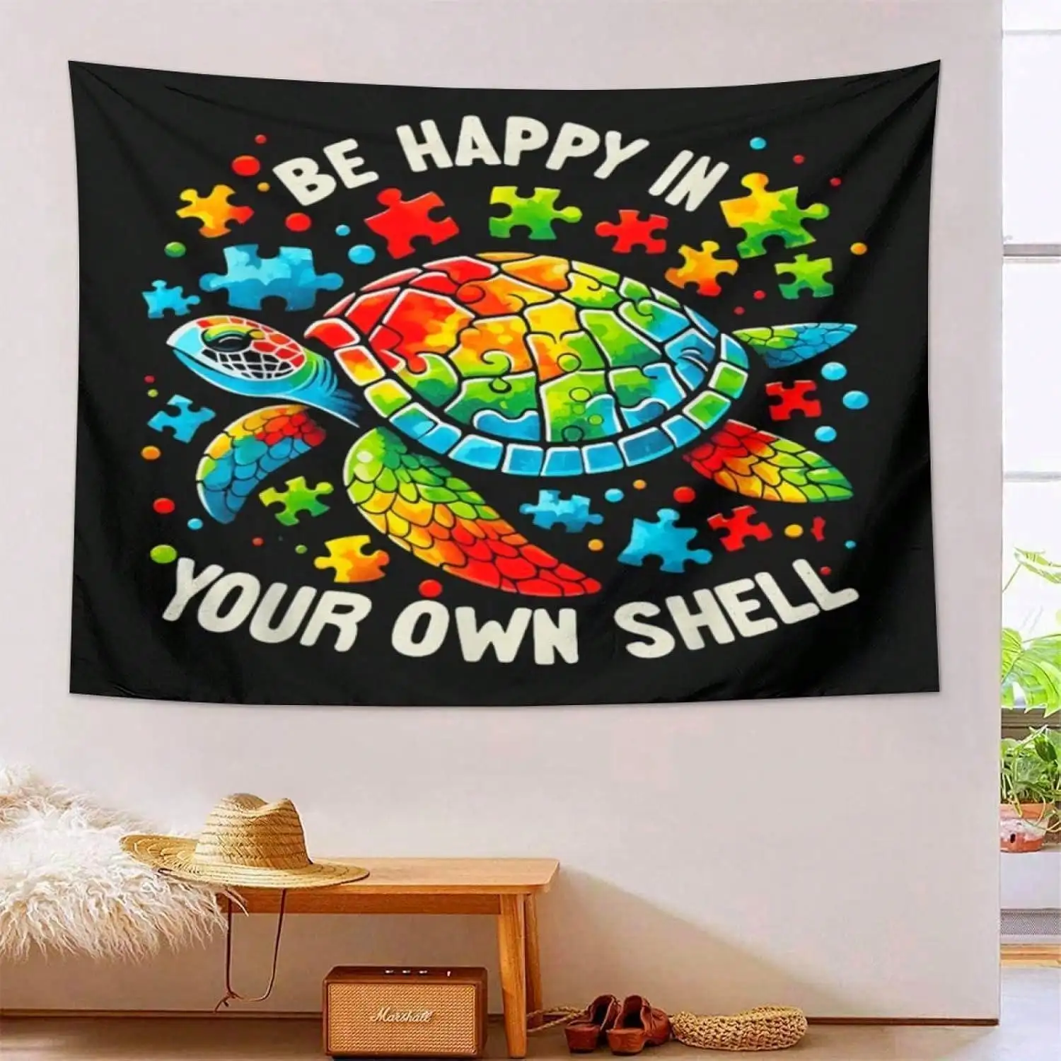 Be Happy In Your Own Shell Tapestry - Colorful Turtle Wall Hanging, Motivational Quote Decor, Kids Room Bedroom, Multiple Sizes