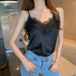 Summer Women Lace Tops Camis Spaghetti Strap Tank Top White Black color slim Basic Top DF4901