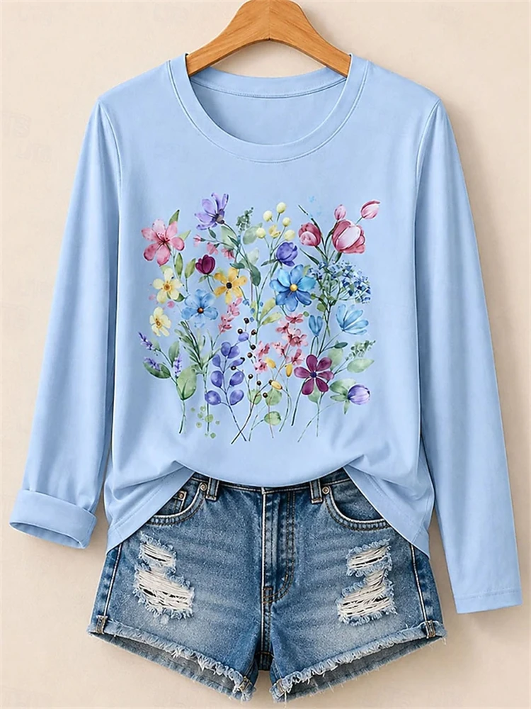Women's Autumn Long-Sleeve Crew-Neck T-Shirt Vibrant Floral Print Simple Comfortable and Elegant Perfect for Work or Casual Wear
