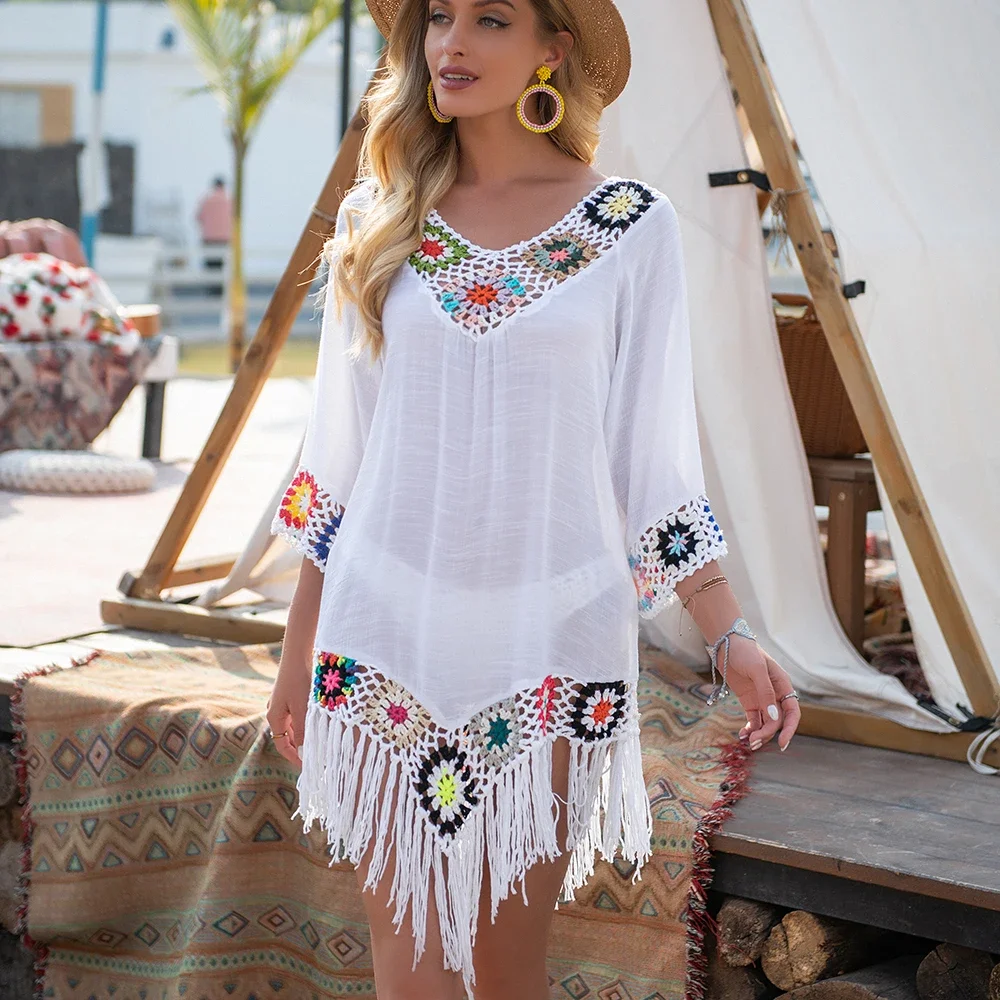 

CROCHET BIKINI White Bikini Cover Up with Fringe Trim Women Sexy Hollow Tunic Beach Dress Summer Bathing Suit Beachwear Women