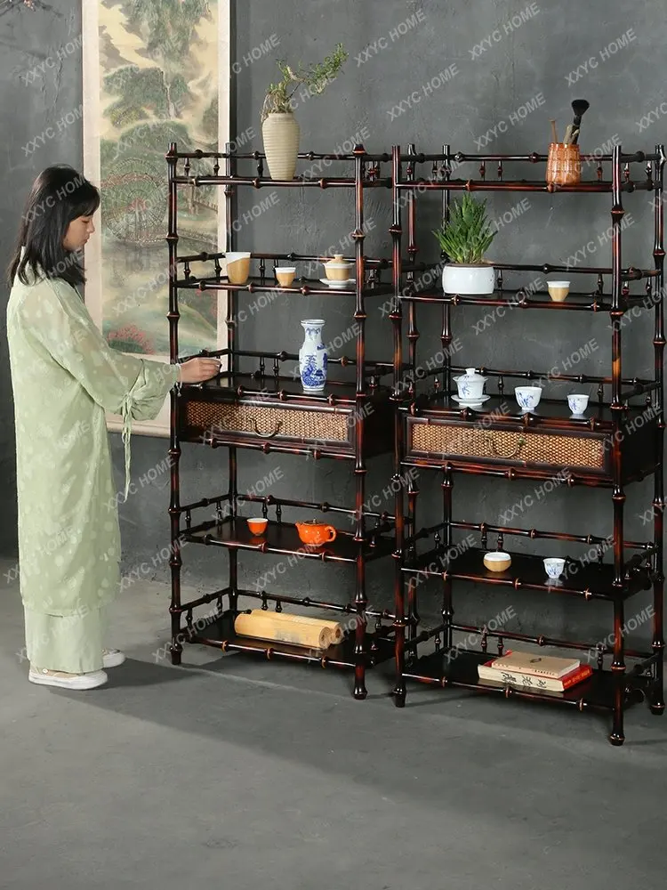 Handmade Bamboo Bamboo Chinese Antique and Curio Shelves Duobao Pavilion Storage Rack Wine Cabinet Tea Set Bookshelf