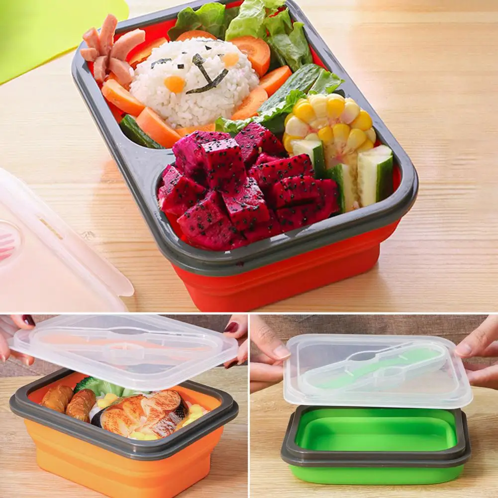 1 Set 600/700ml Lunch Box Foldable Bento Case Microwaveable School Students Portable Food Container with Spoon for Office