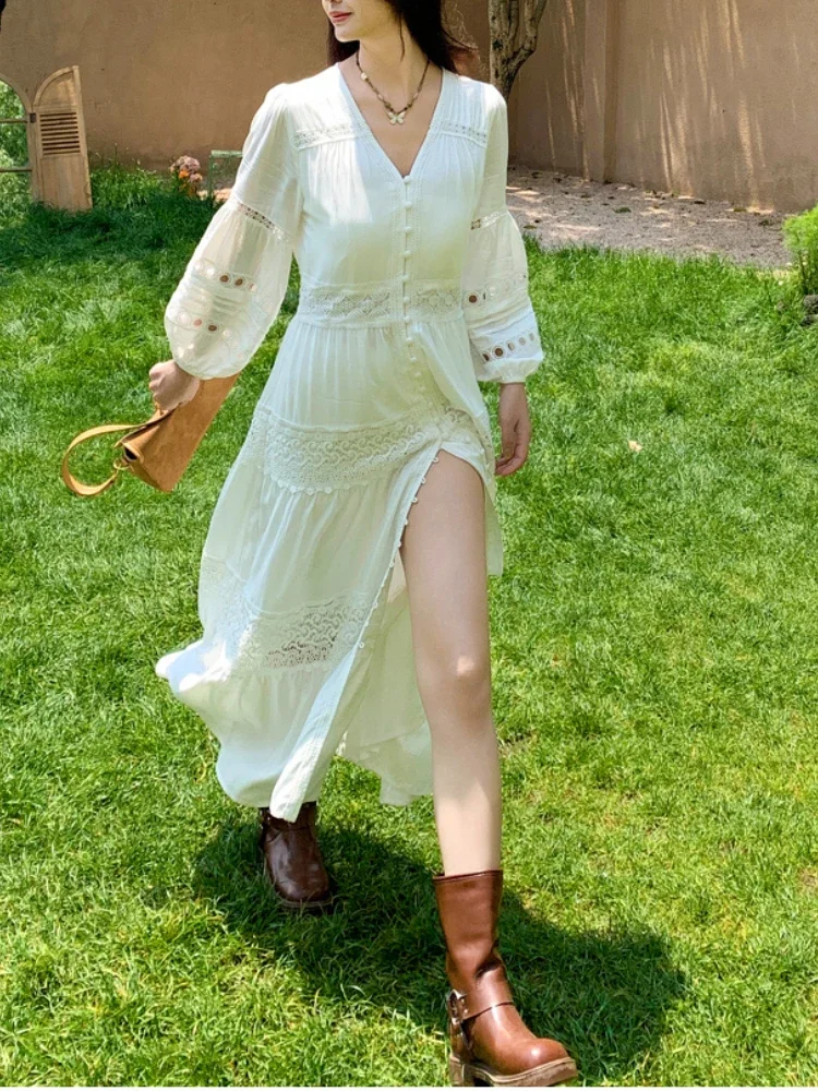 خمر فستان أبيض المرأة الفرنسية مثير الخامس الرقبة فانوس كم الدانتيل المرقعة واحدة الصدر فساتين طويلة السيدات الشاطئ رداء طويل #2