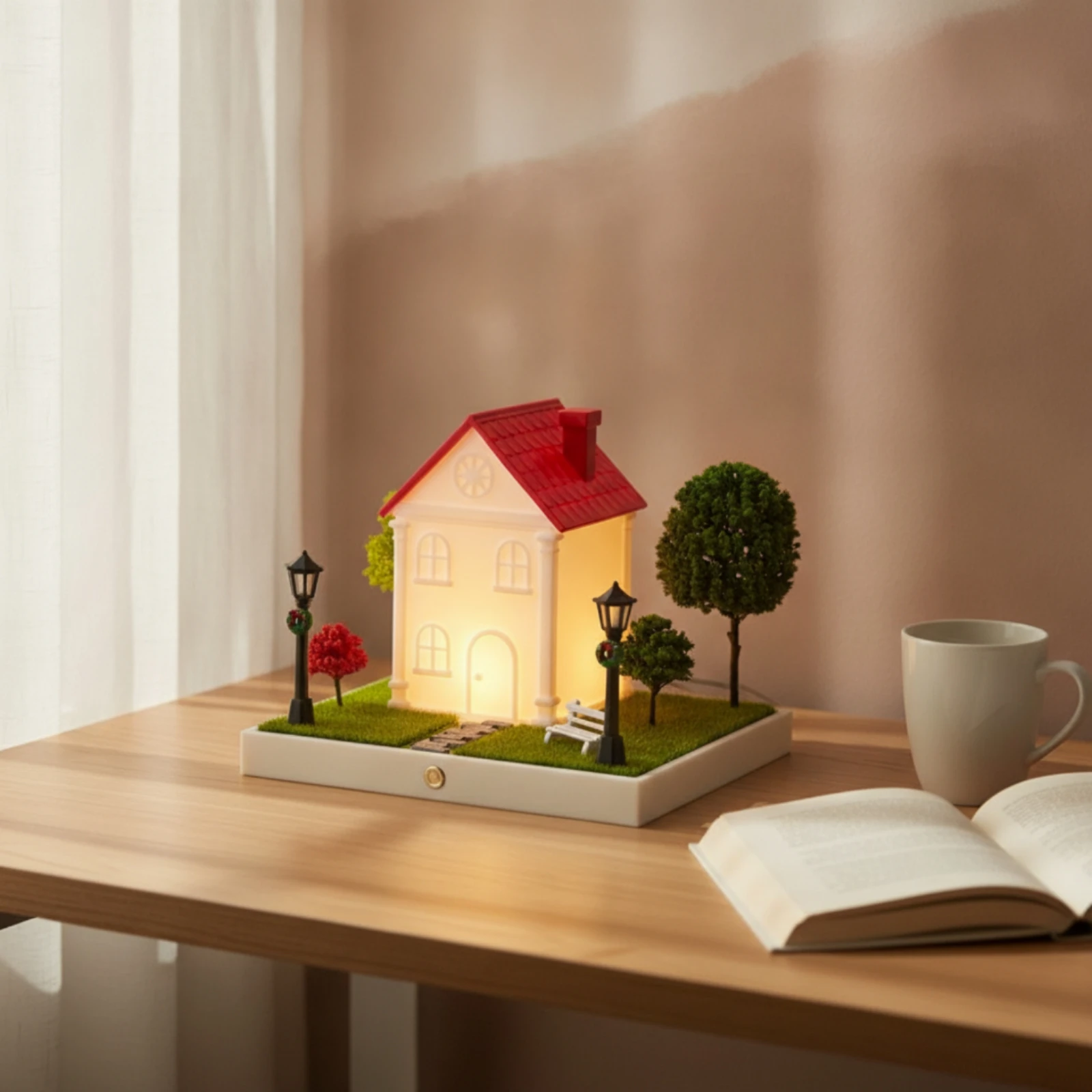 Miniature House Lamp Rechargeable LED House Light with Bench Table Lamp Compact Tabletop Ornament Detailed for Dorm Room, Desk