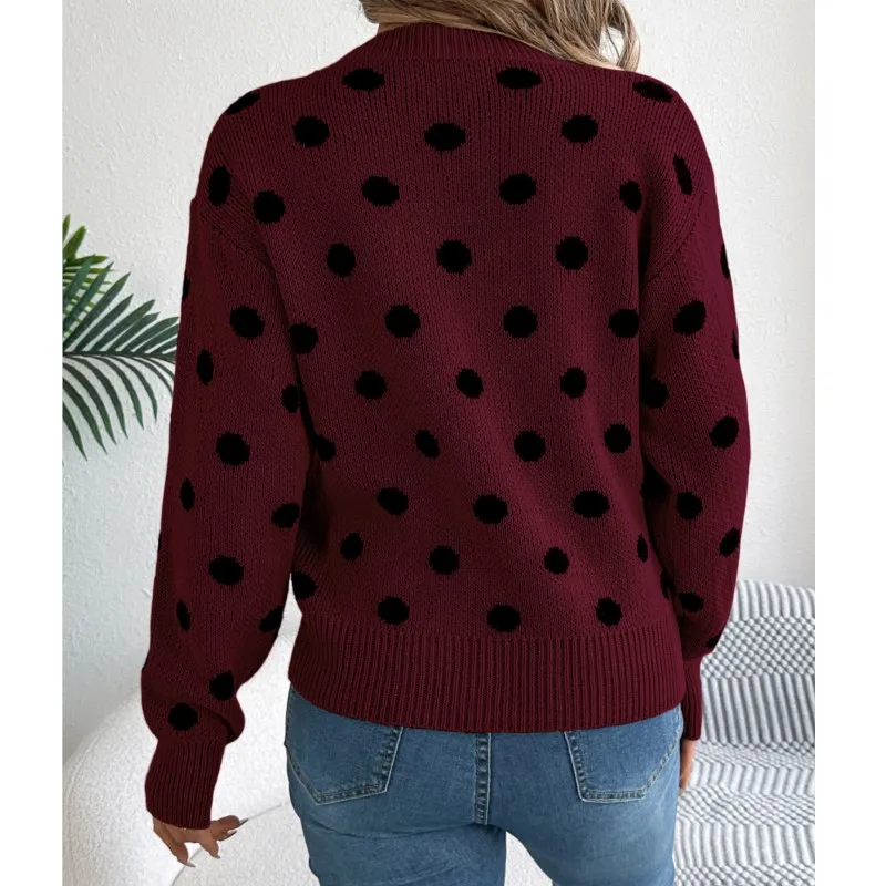 Women\'s Fashion Knitted Sweater 2024 Autumn/Winter New Color Blocked Polka Dot Long Sleeve Hoodie Loose Casual Women\'s Sweater
