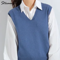 Blue Knitted Vests For Women Spring 2022 Sleeveless Sweaters V Neck Casual Loose Vest Vintage Woman Knittrd Women Vest Sweater