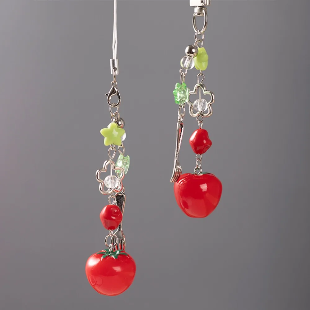 

Korean Tomato Star Fork Keychain Phone Charm Cute Red Tomato Vegetable Food Beaded Key Chain Mobile Case for CCD Camera