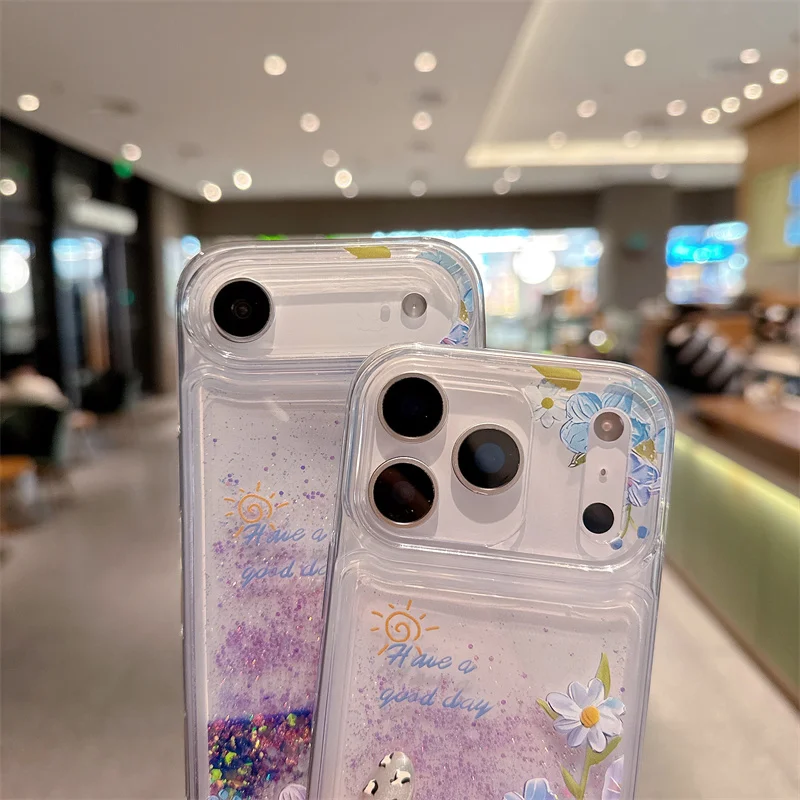 เคสโทรศัพท์ iPhone 17 16 15 Pro Max ลายภาพวาดสีน้ำมัน ประกายกลิตเตอร์ ทรายไหล เคลือบเงา วัสดุเหลว