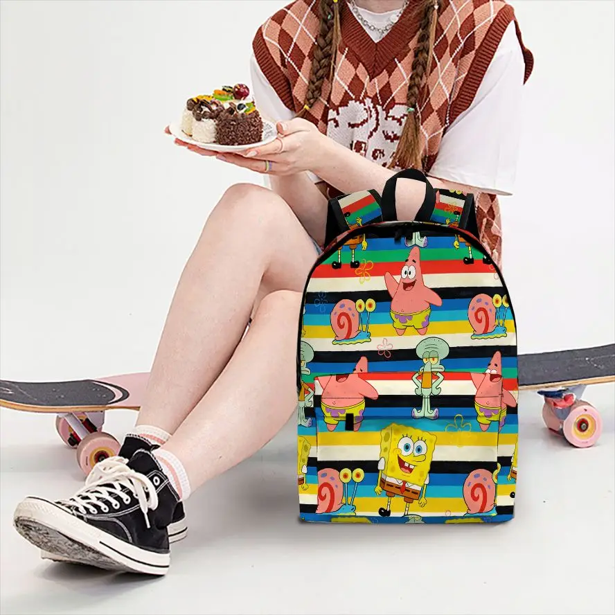 SpongeBob SquarePants Striped Print Backpack, Lightweight School Bag with Laptop Compartment, Casual Daypack for Teens