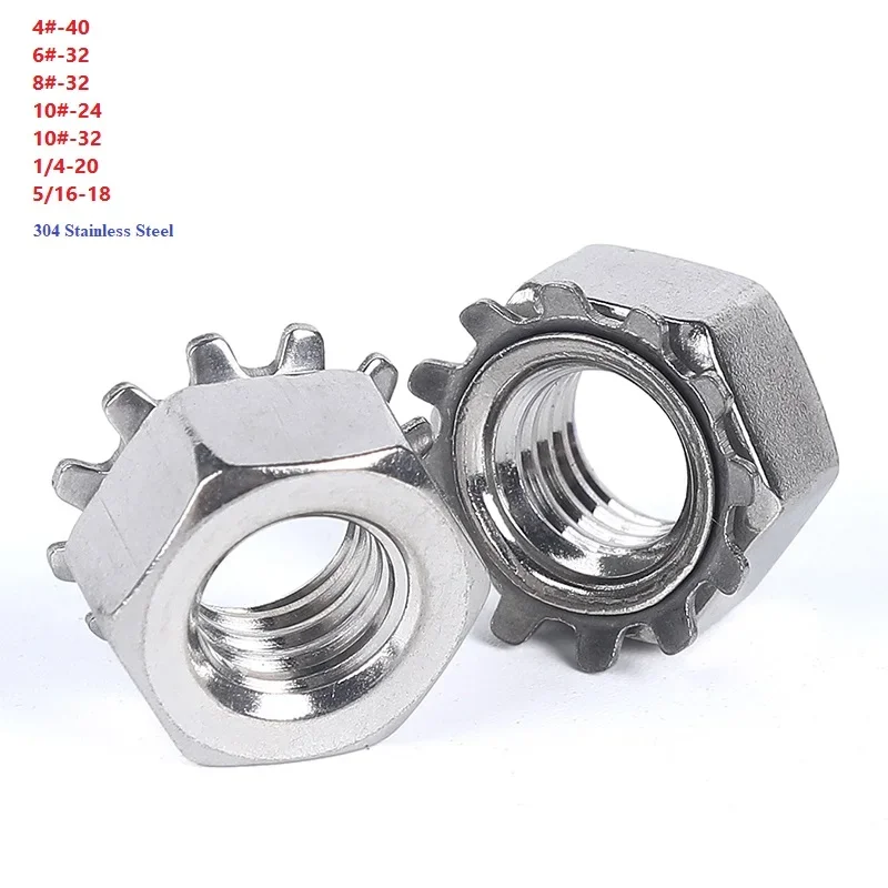 4#-40 6#-32 8#-32 10#-24 10#-32 1/4-20 5/16-18 K-type Lock Keps Nuts 304 Stainless Steel Toothed Polydentate Hex K Nut