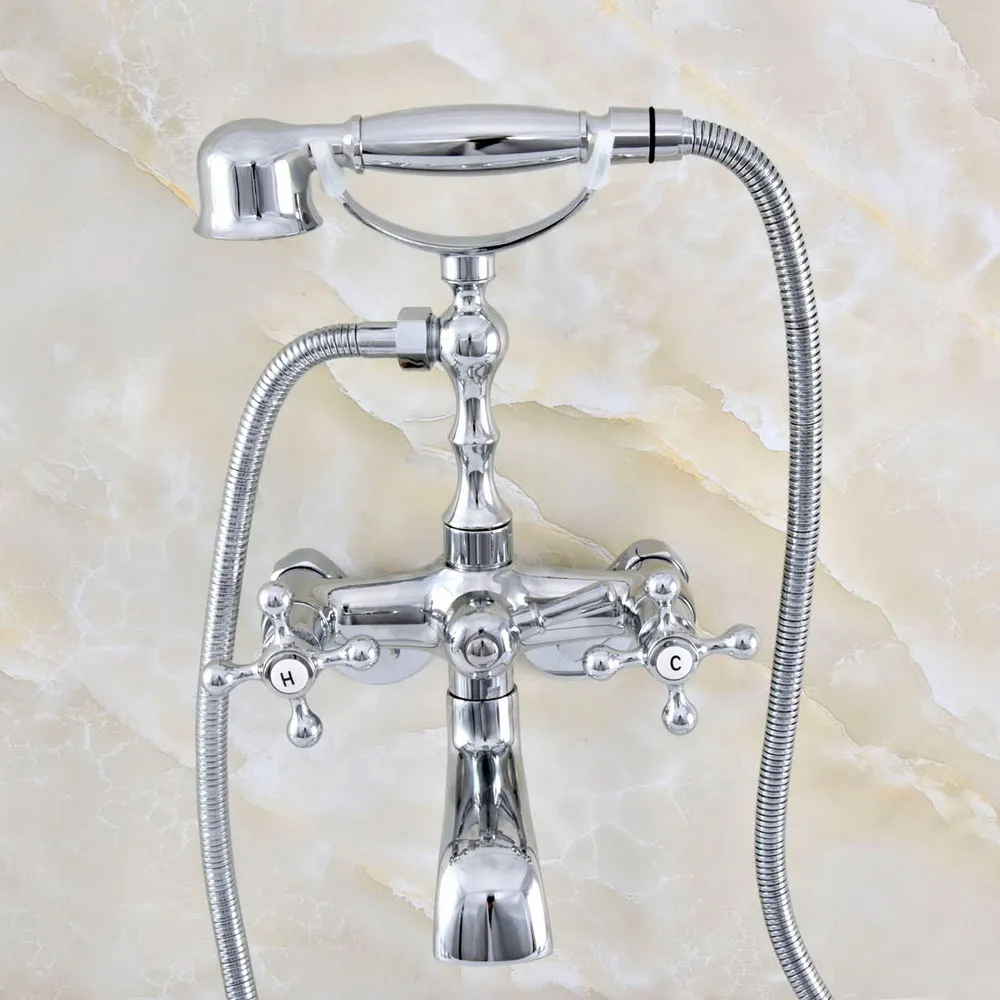 

Polished Chrome Brass Claw-foot Bathtub Faucet Wall Mounted Tub Filler Handheld Shower - Adjusts From 3-3/8" aqg417