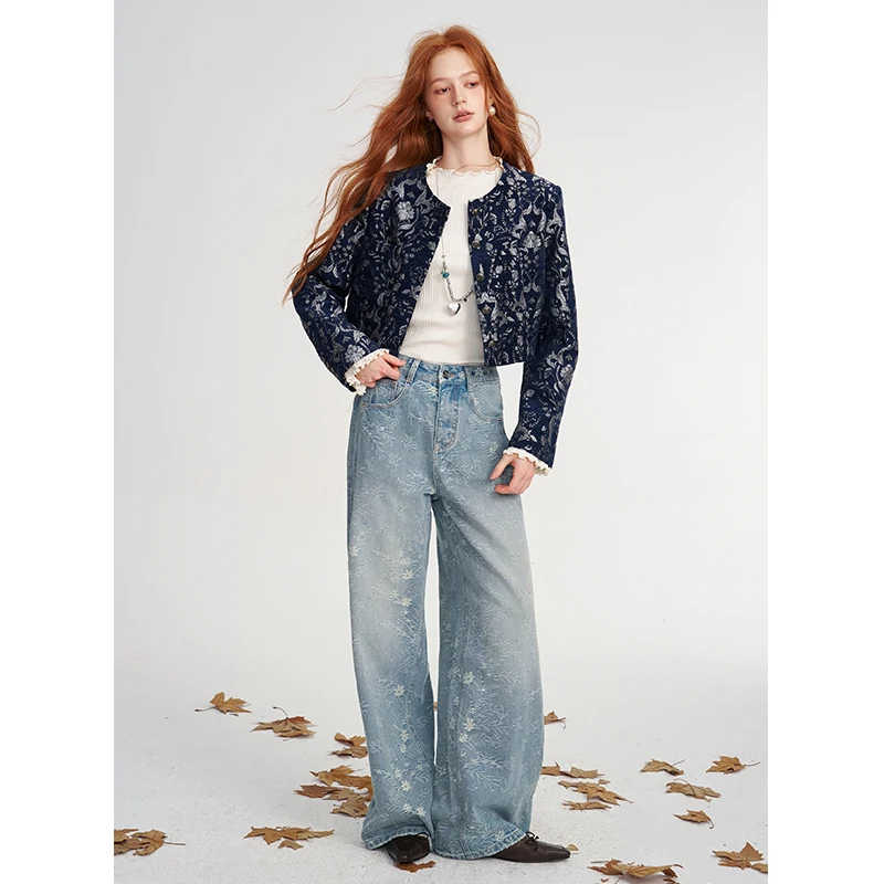 ELFSACK Women's Washed Wide-Leg Jeans with Floral Print, Casual Loose Denim Pants for Everyday, Vintage Blue Trousers