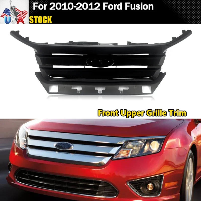 For 2010-2012 Ford Fusion Front Upper Bumper Grille Trim Gloss Black ABS Plastic