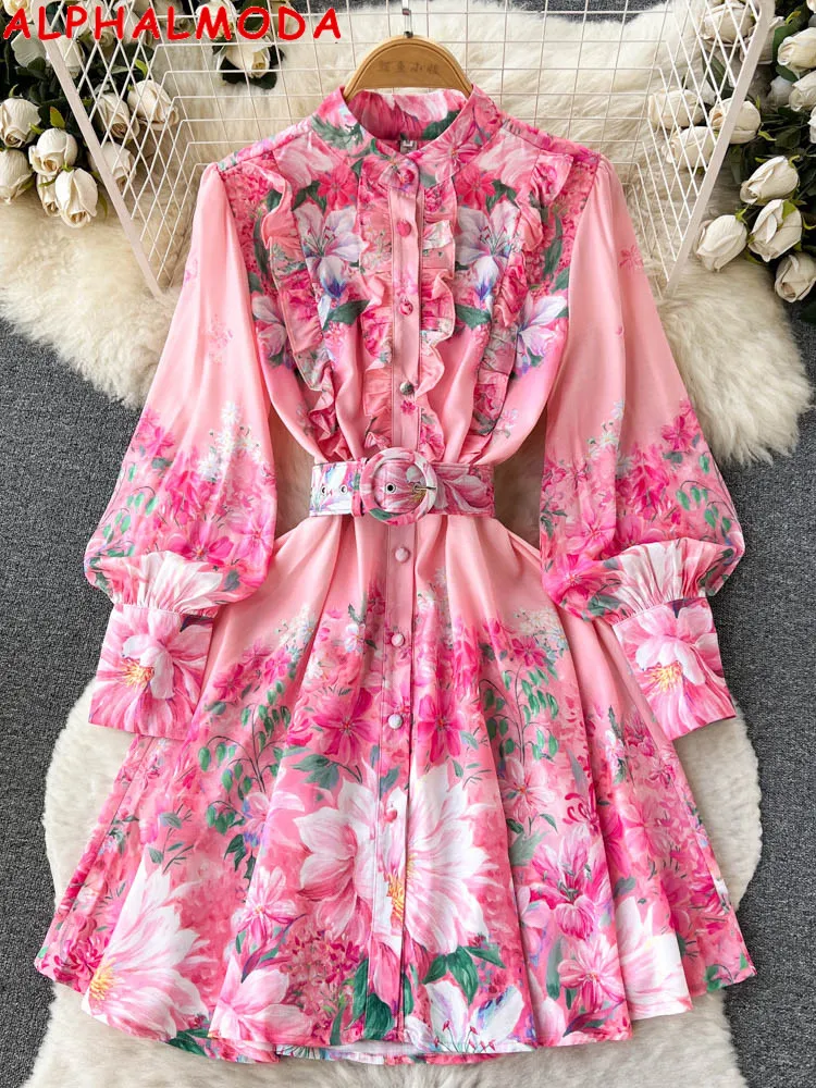 ALPHALMODA 2023 Spring New Floral Frill Long-sleeved Belted Sweet Women Dress Ladies Elegant Fashion Seasonal Outfit