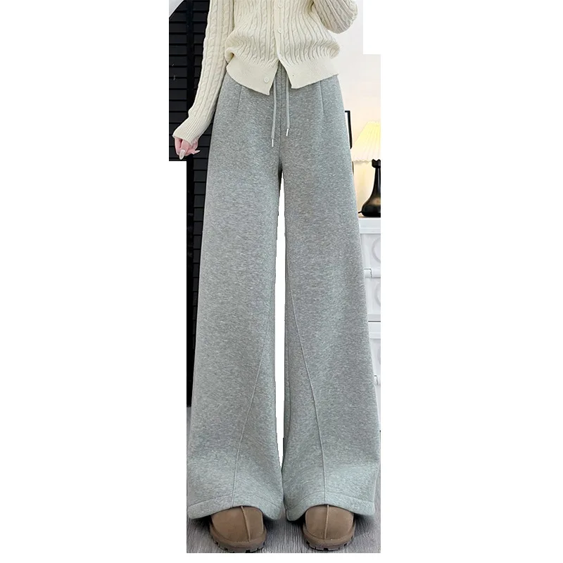 Light Gray Casual Pants for Women in Autumn and Winter 2025 New Style with Added Fleece Thickened and Slimming Versatile Strai