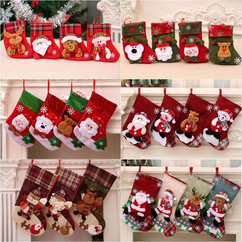 

2Pcs Small Christmas Socks Santa Claus Elk Bear Decoration Candy Gift Bag Christmas Tree Decoration New Year Home Decoration