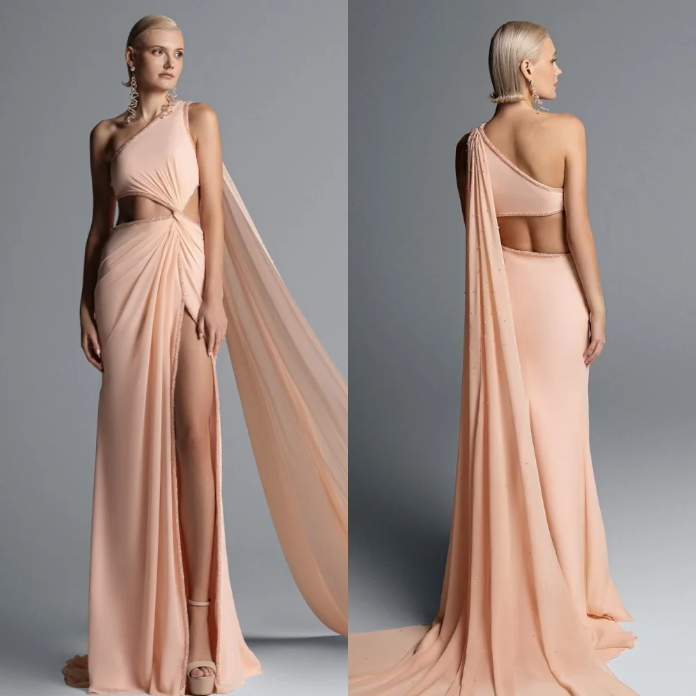 

Customized Sparkle Chiffon Pleat Draped Beading Sequined A-line One-shoulder Long Dresses Bespoke Occasion Dresses Fashion