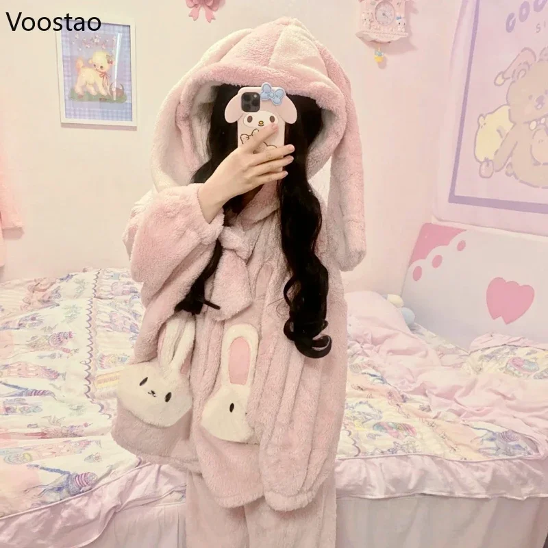 Autumn Winter Cute Lolita Princess Pajamas Sets Warm Cartoon Rabbit Ears Hooded Plush Leisure Wear Girl Sweet Homewear Sleepwear