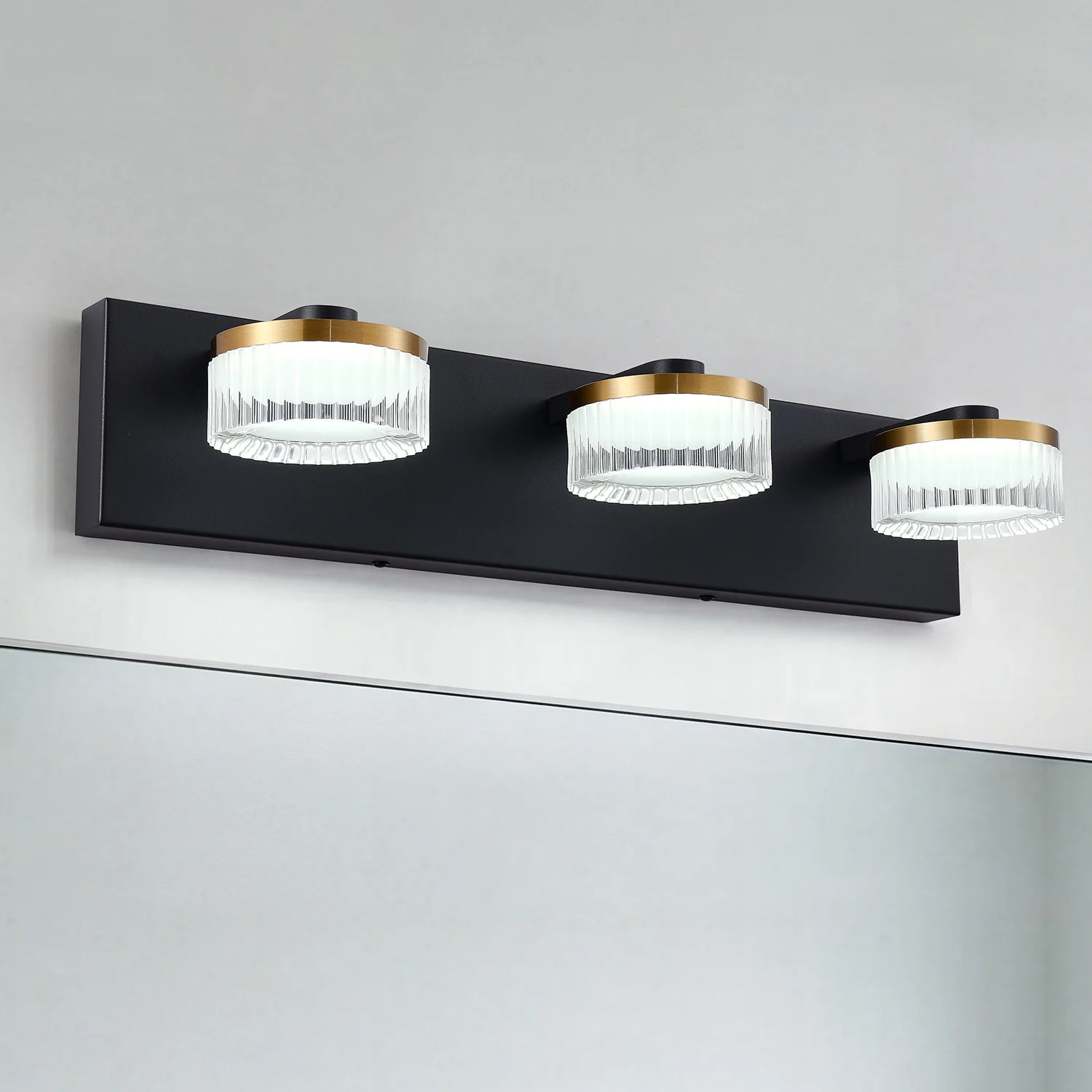 3-Light LED Bathroom Vanity Light Black and Brass Gold Wall Lamp Ribbed Acrylic Shade Modern Bathroom Mirror Light Wall Sconce for Bathroom Vanity Mirror Cabinet ETL Certified