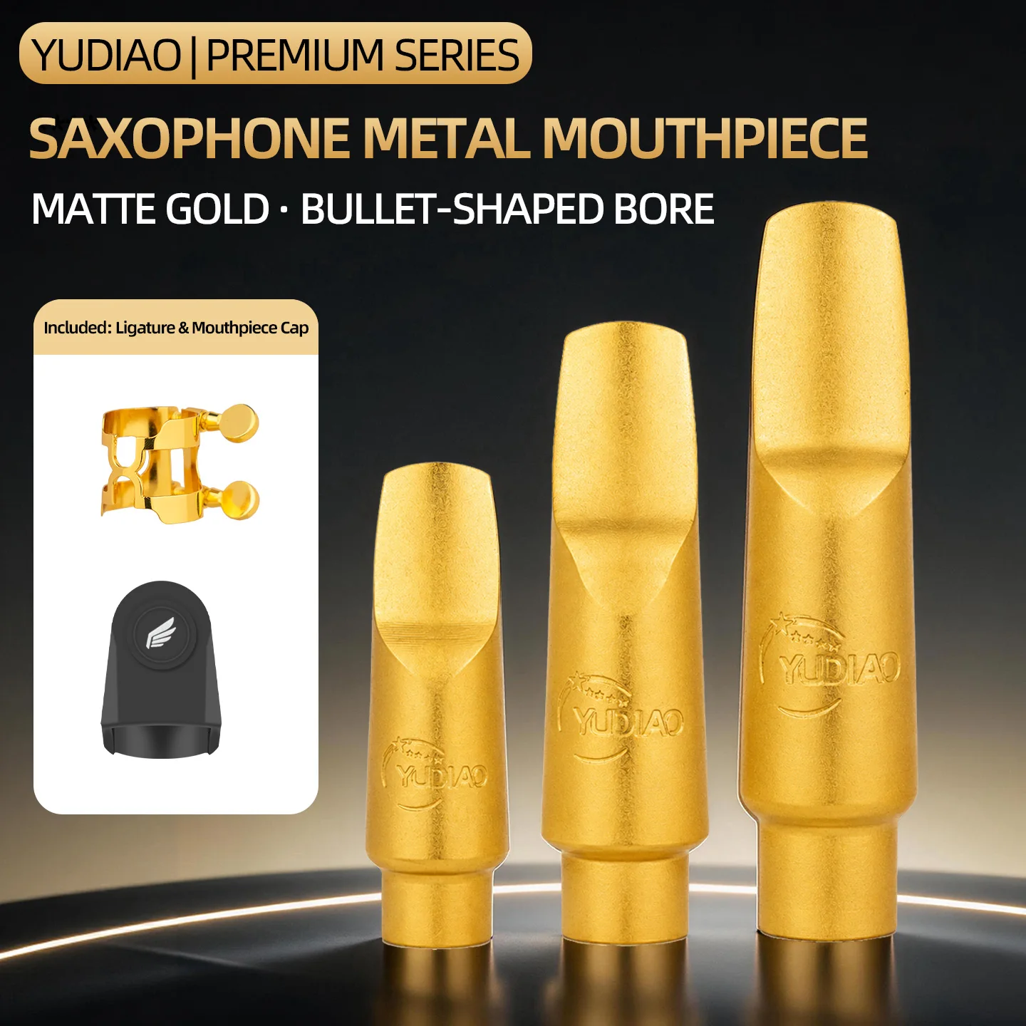 Feather-Tuned Matte Gold Sax Metal Mouthpiece, Easy to Blow, With Ligature & Cap