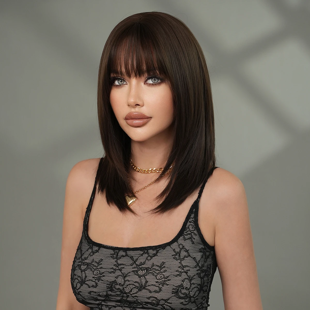 Shoulder Length Straight Mocha Brown Wig for Women Daily Use High Density Synthetic Modest Fashion Layered Wigs with Neat Bangs