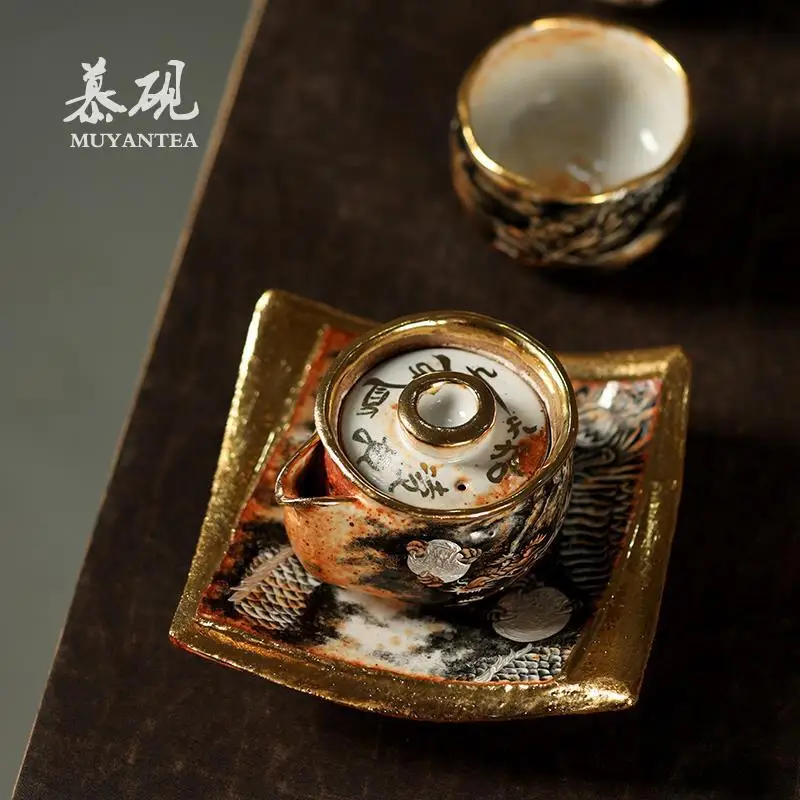 Mu Yan Japanese-Style Square Tray Made Of He Ni Clay, Hand-Painted With An Ink Dragon Design, Suitable Home Use As A Small Table