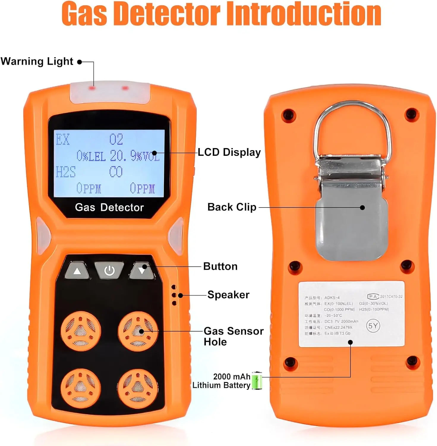 4 Gas Monitor Portable Multi Gas Detector with Triple Alarm, High Accuracy, CE Certified for Confined Space Safety