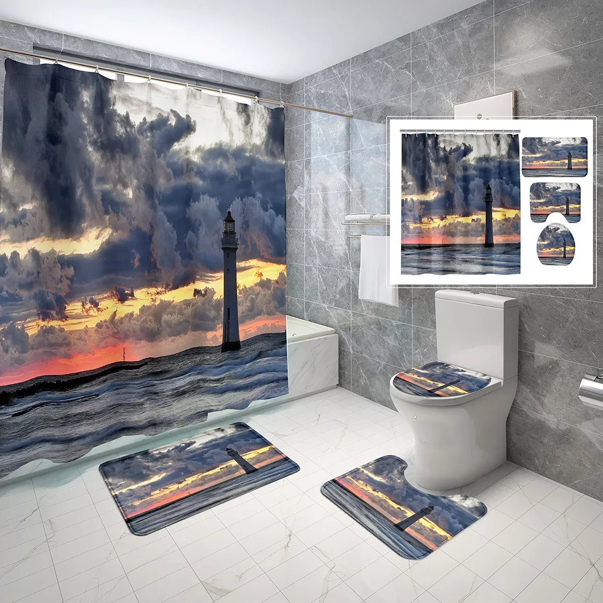 4 Pcs Lighthouse Shower Curtain Sets with Non-Slip Rugs Mat Toilet Lid Seaside Building Sunset Waterproof Shower Curtain Set