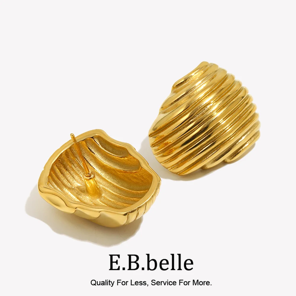 E.B.belle Stainless Steel PVD Plated Waterproof Fashion Stripe Engraved Geometric Armour Shape Stud Earrings For Woman Earring