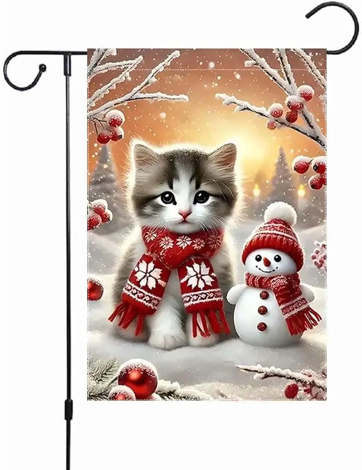 Winter Garden Flags 12 X 18inches Vertical Double Sided,Cat Snowman Small Garden Flag For Outside Yard Lawn Outdoor Decoration