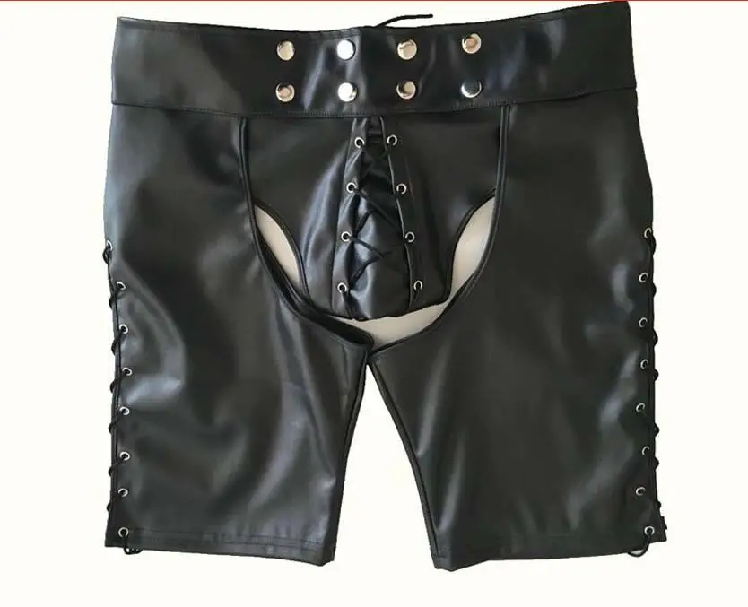 2022 Sexy Lingerie Gay Men Faux Leather Lace Up Pants New Hot Black Mens Latex PVC Bondage Open Cortch Shorts Gothic Fetish