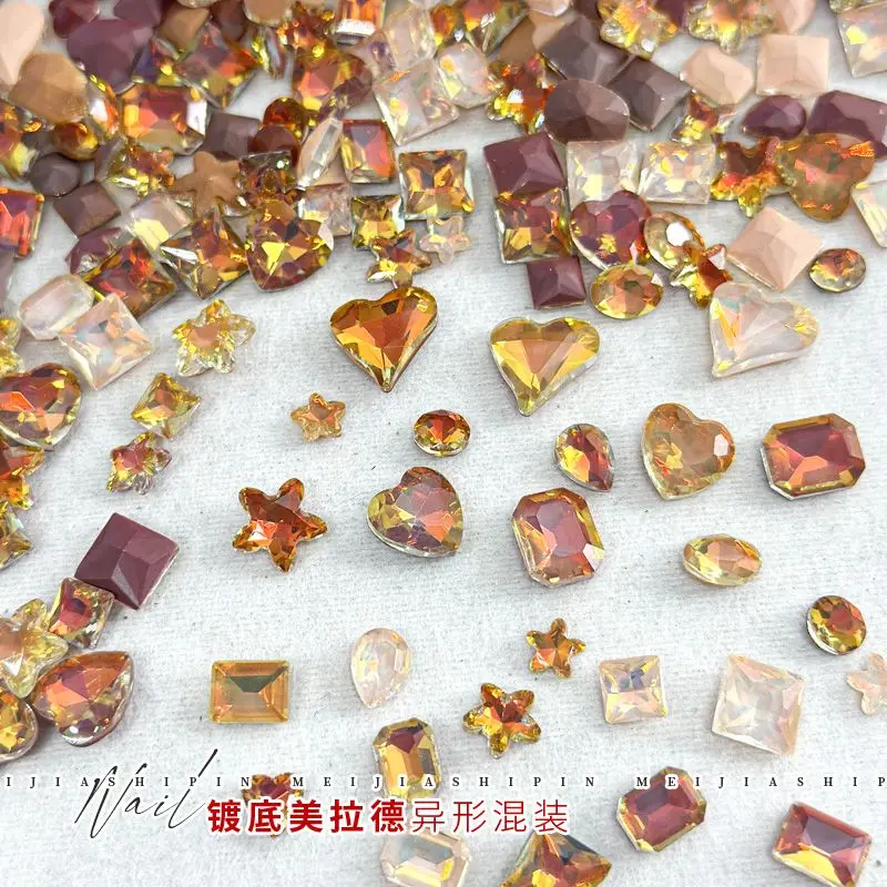 Caramel Maillard Style Nail Mixed Pack Flat Bottomed Pointed Bottomed Crooked Heart Shaped Rhinestone Decorations