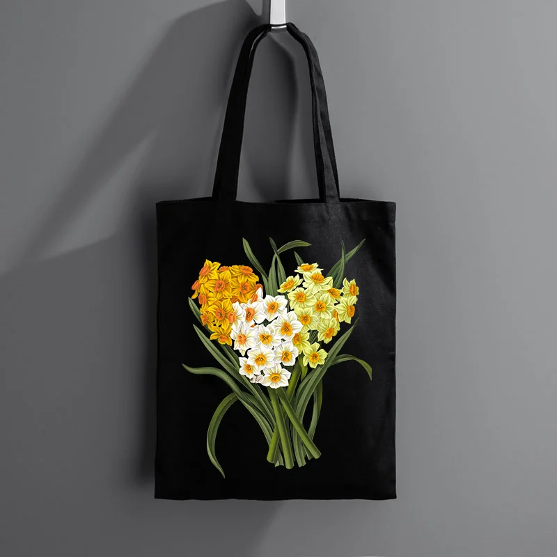 Bolso de compras ecológico personalizado con estampado de flores para mujer, bolsa de hombro de tela de lona, bolso de compras, bolso de mano para