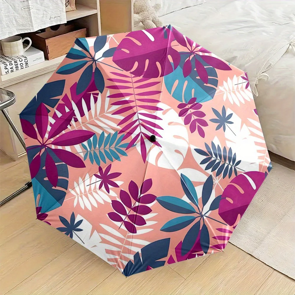 

Автоматический складной зонт с изображением тропических листьев монстеры, пальмы и филодендрона - компактный дорожный зонт, фиолетовый/синий