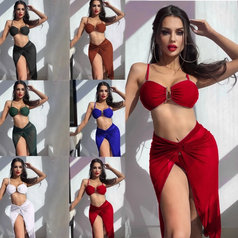 

Женский однотонный комплект бикини, привлекательный треугольный купальный костюм с сетчатой Макси-юбкой, купальник из 3 предметов с открытой спиной, летняя пляжная одежда