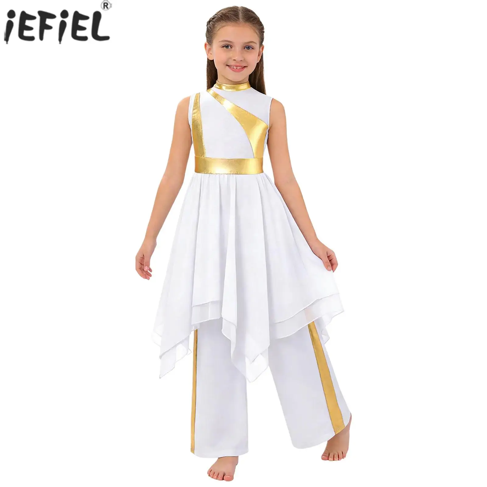 Kids Girls Church Choir Lyrical Praise Liturgical Worship Dance Costume Metallic Sleeveless Irregular Hem Tunic Dress with Pants